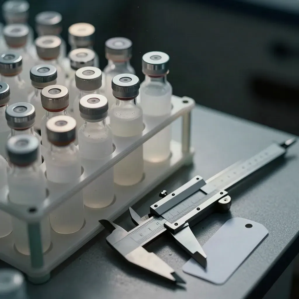 Macro lab still life with vials, caliper, and face-down tag card on cool stone