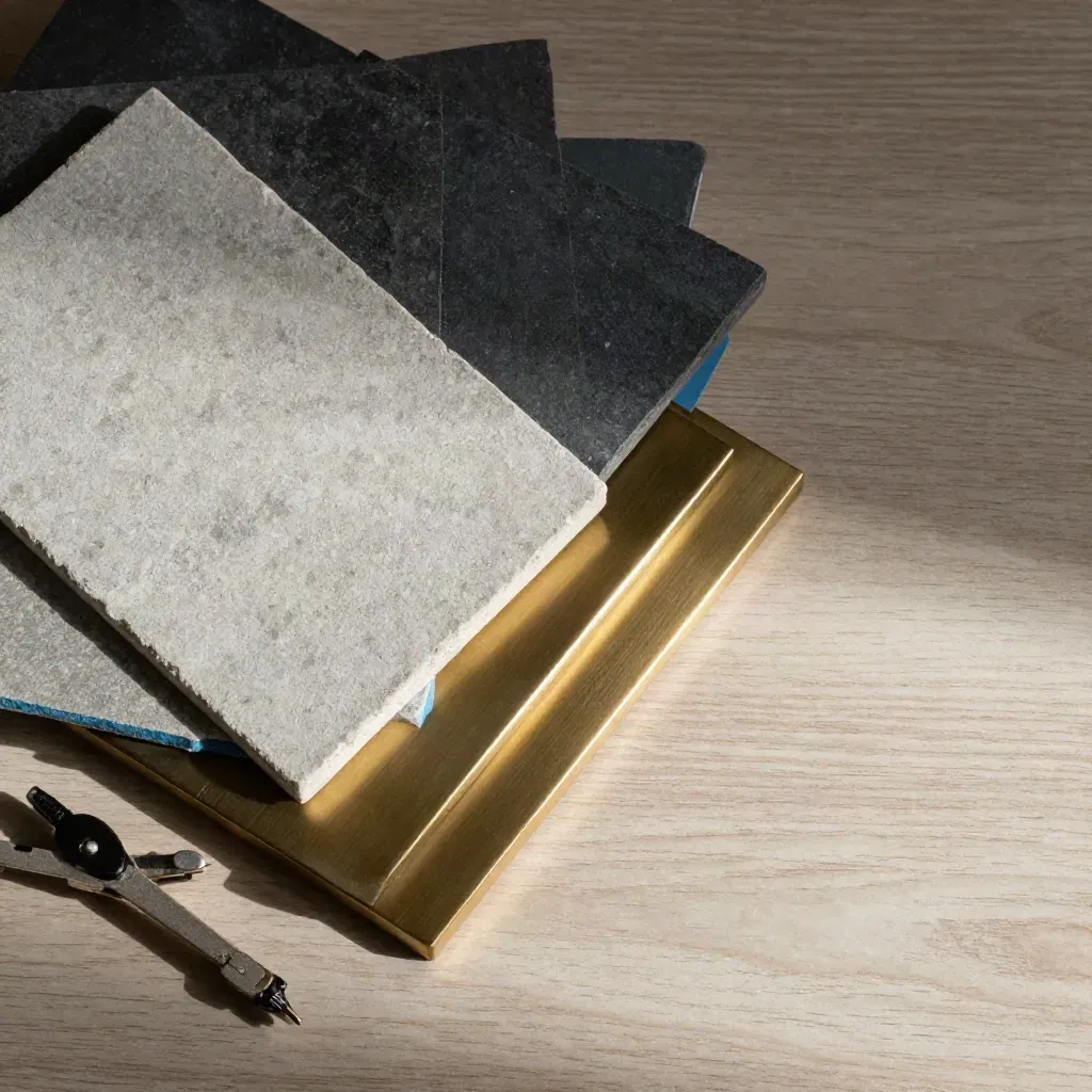 Architectural stone swatches, brass corner sample and drafting compass on pale oak under soft daylight