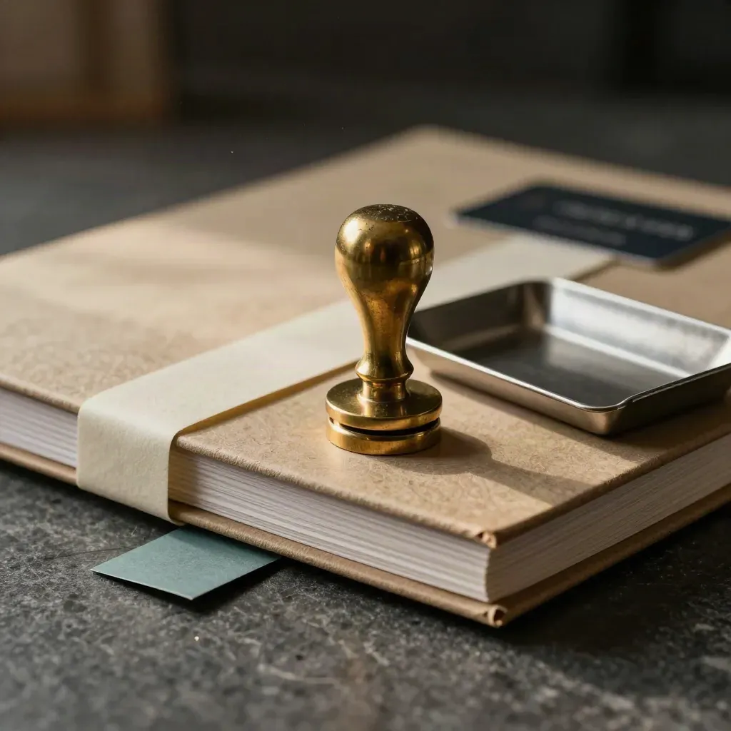 Brass stamp, ledger binders, paper bands, and metal tray on graphite stone with teal accent.