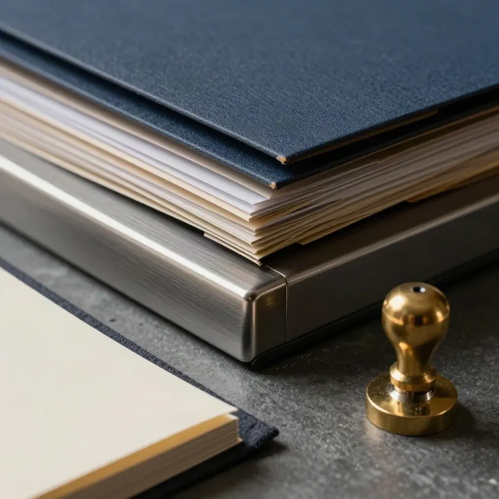 Oblique macro of legal folders, paperweight and seal embosser on slate in moody archive light.