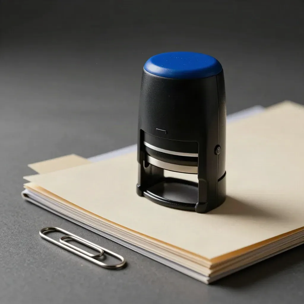 Macro of a self-inking stamp beside file folders and a paper clip on graphite.