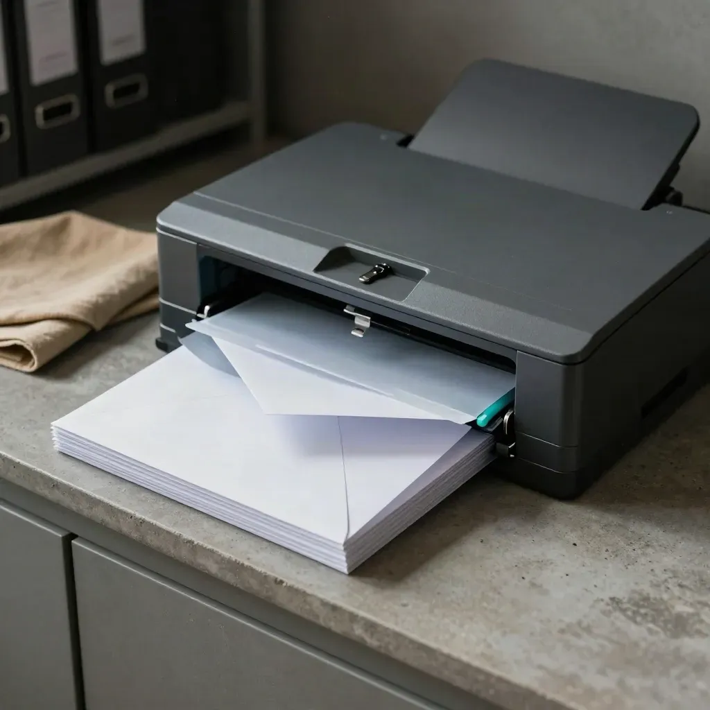 Scanner lid with document sleeves and teal accents on a concrete archive counter in dramatic light