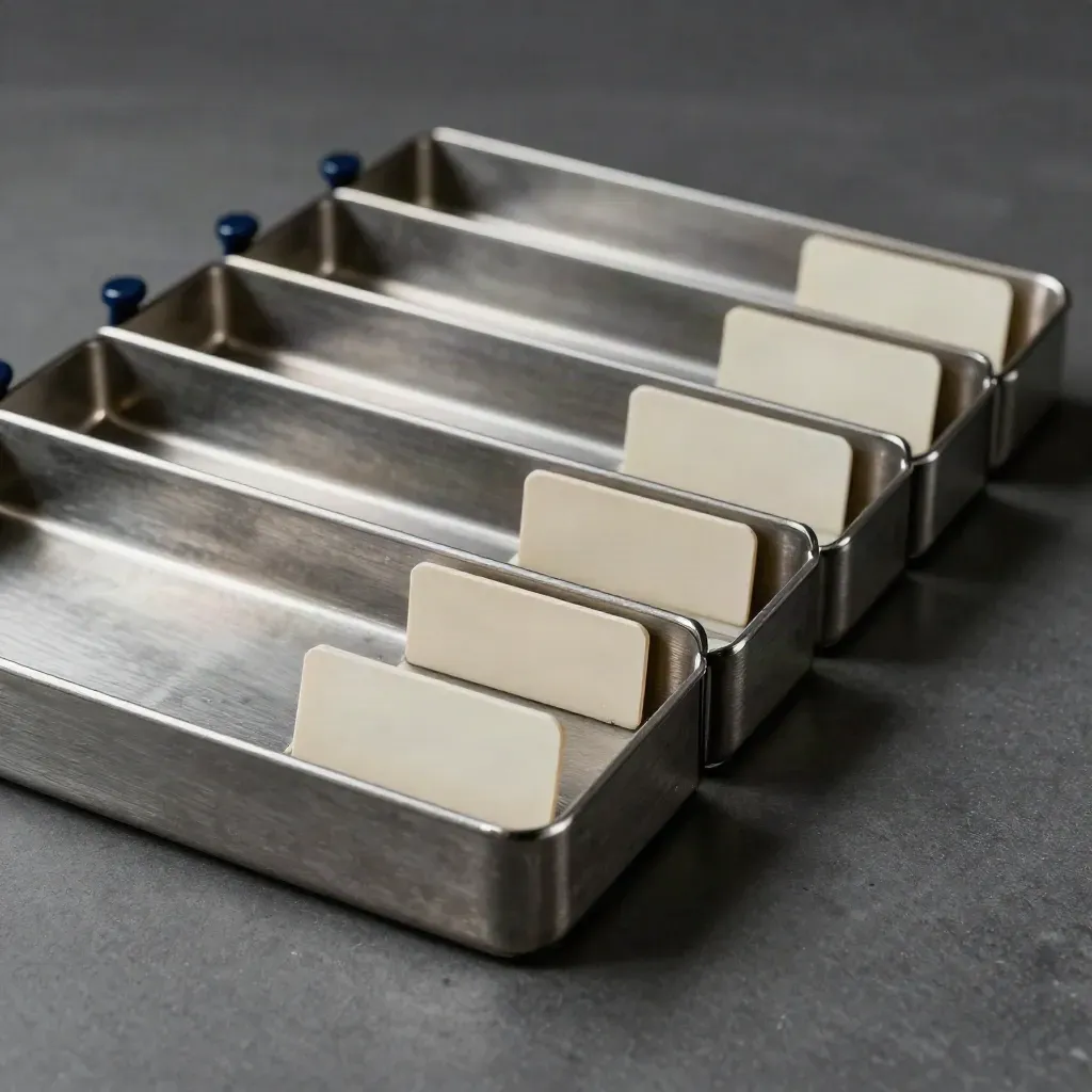 Four stepped steel file trays with a navy status peg on a graphite surface.