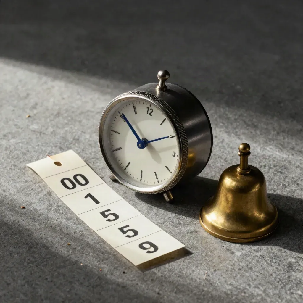 Overhead still life of a desk timer, due-date marker strip and brass bell on stone.