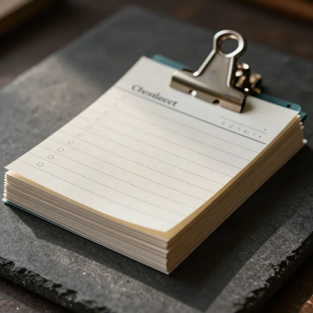 Clipped checklist cards with a teal tab divider on dark stone, lit in a moody macro.