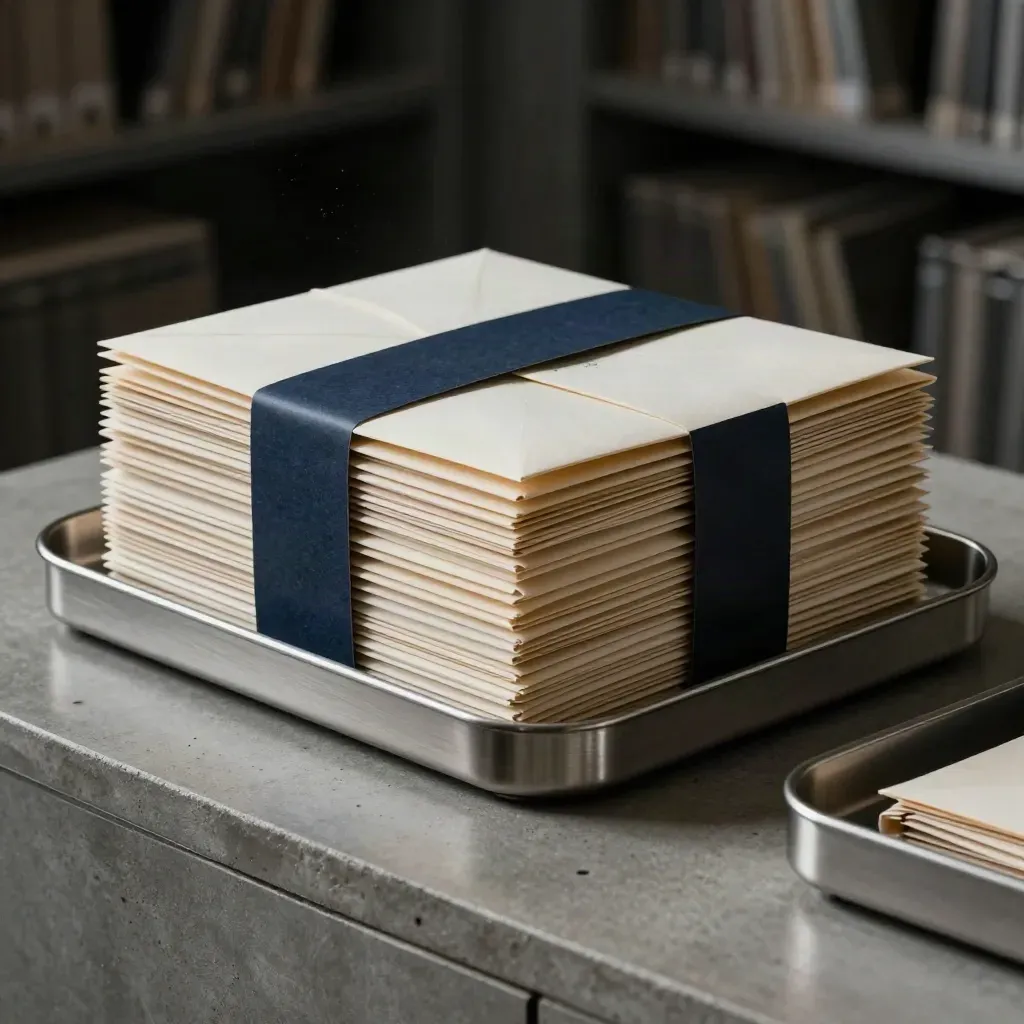 Stacked sealed document envelopes tied with a navy band between two file trays on concrete.