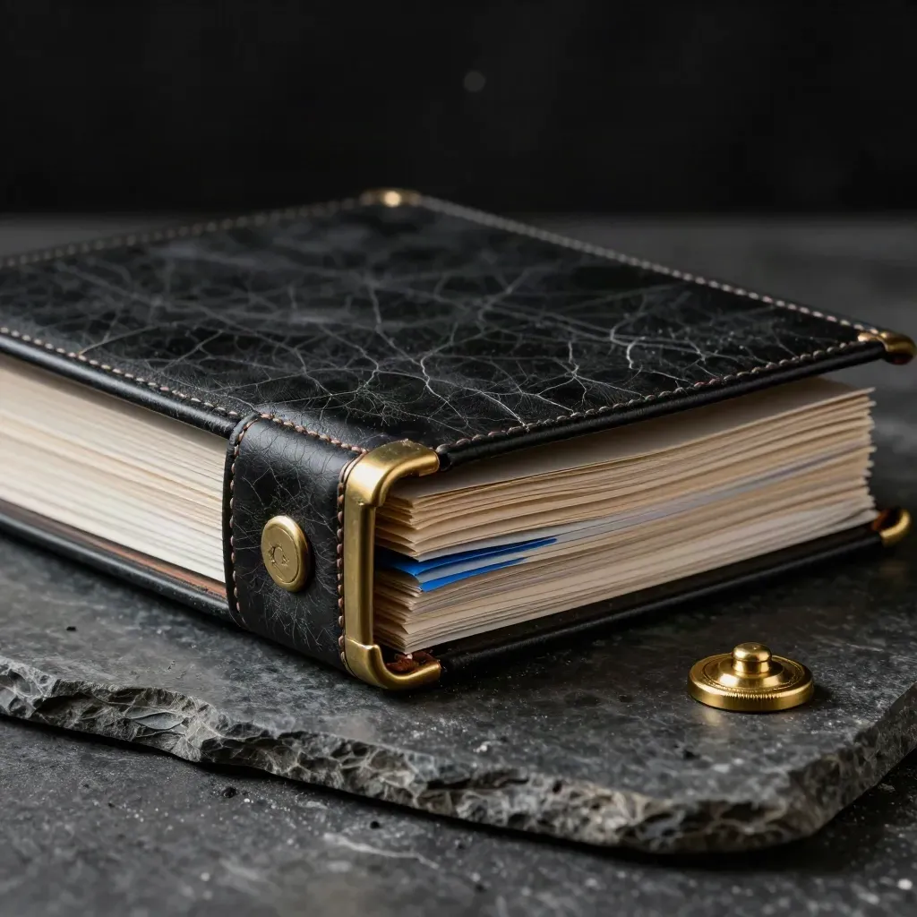 Closed legal binders, brass seal embosser, and tab dividers on dark stone in a moody close-up.