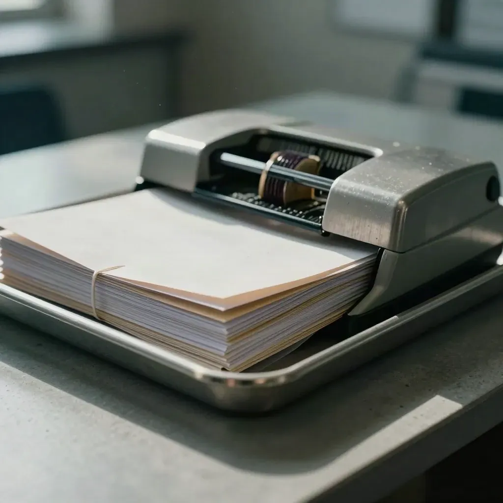 Audit tray with paper bands, paperweight and ribbon spool in a finance archive still life.