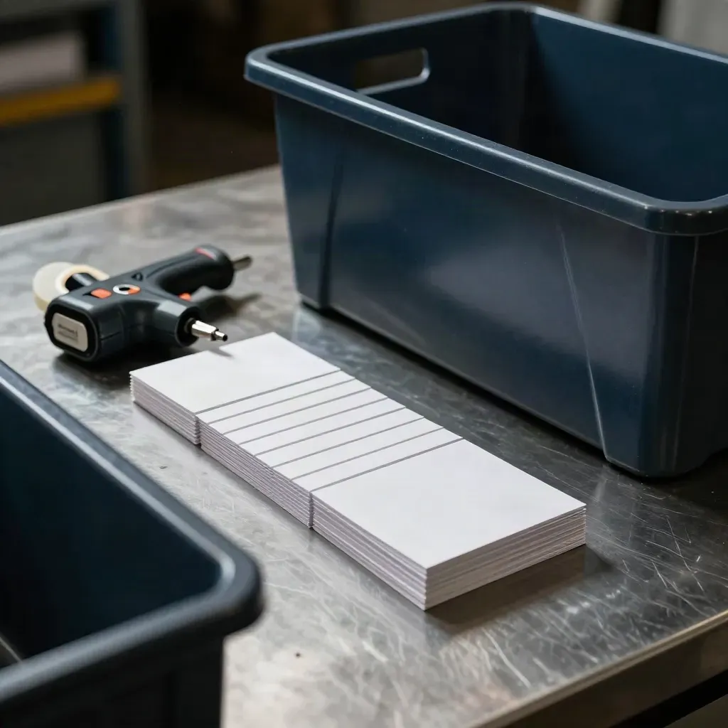 Sorting bins, label gun, and dispatch cards on a metal table in dramatic low light