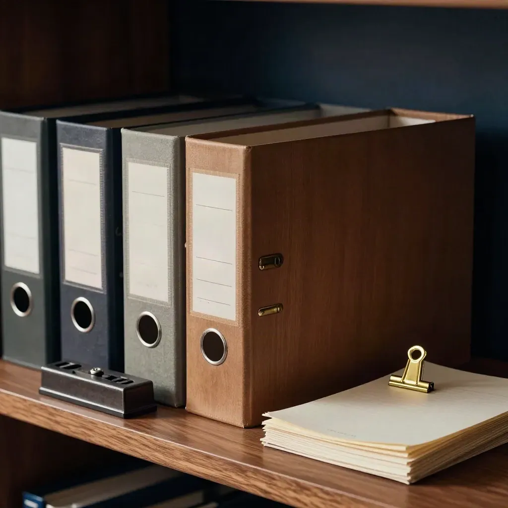 Archival file boxes with brass clips and a dark paperweight in dramatic studio light
