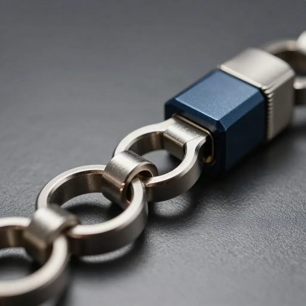 Macro of linked metal rings, cable clips, and a connector block on brushed aluminum.