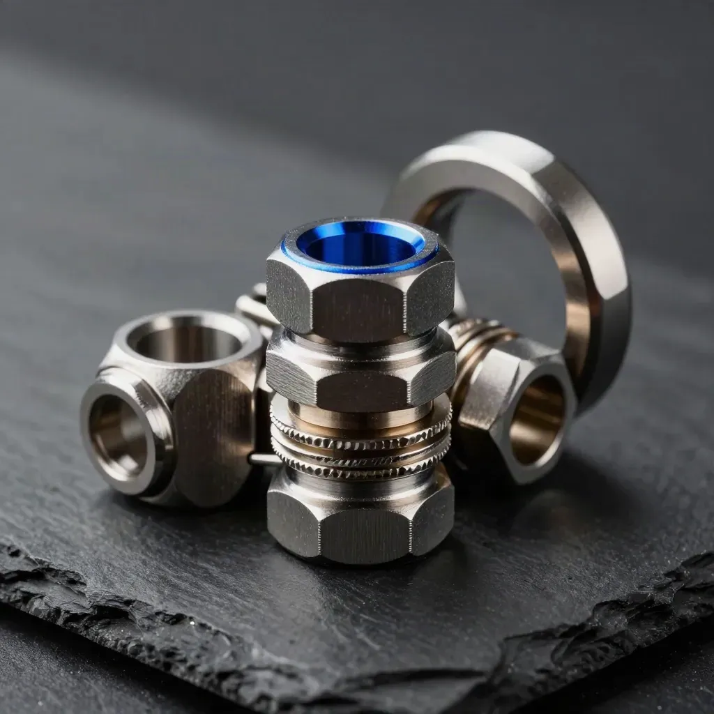 Metal hinge parts and linked loops on dark slate with a subtle cobalt accent.