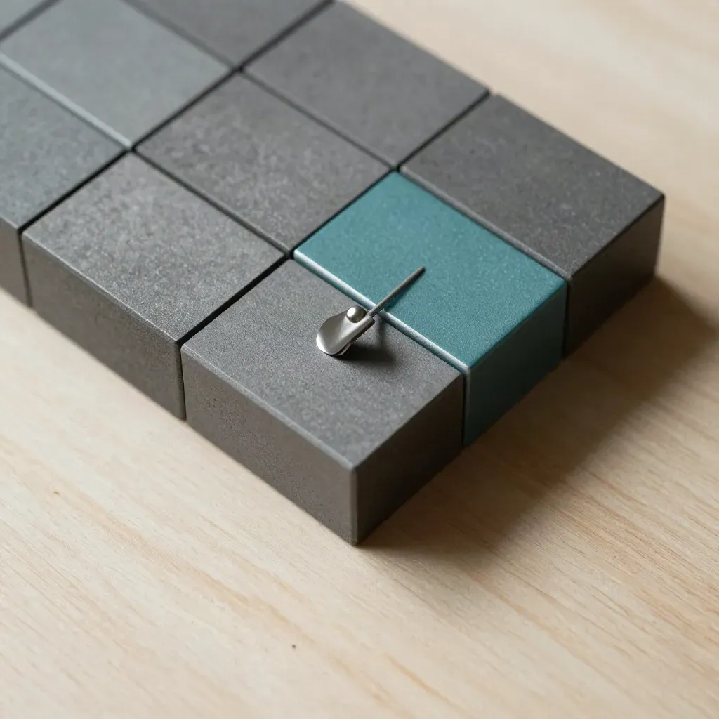 Graphite alignment blocks, teal spacer wedge and metal pin on pale wood.