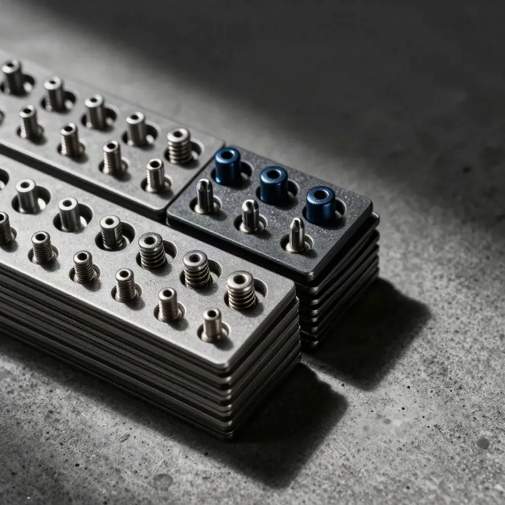 Overhead still life of machined connector plates and lock pins on concrete, navy accent.